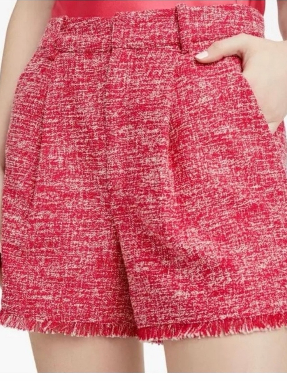 Cinq a Sept Women’s Katrice Berry and White Tweed Frayed Hem Shorts - Picture 3 of 4
